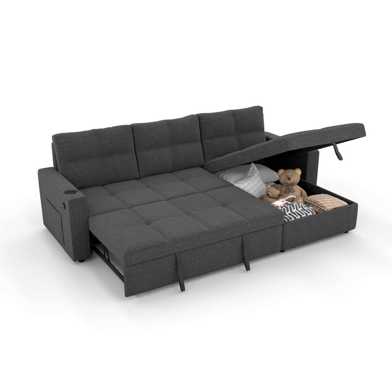 Canapé-lit convertible en tissu, canapé-lit modulaire escamotable avec charge USB et porte-gobelets, canapé-lit en forme de L avec rangement