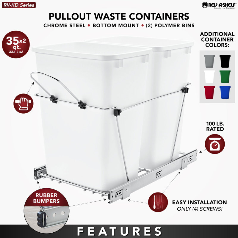 Double Pull-Out Waste Bin Containers with Red and Black Plastic Bins