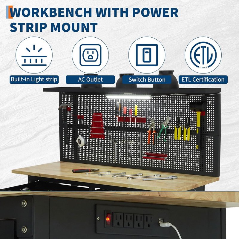 Heavy Duty Garage Workbench w/Pegboard, Wood Workbench with Tool Storage,Power Strip,LED Lighting,Industrial Work Table w/Drawers,Hanging Kits for Garage,Workshop,Basement
