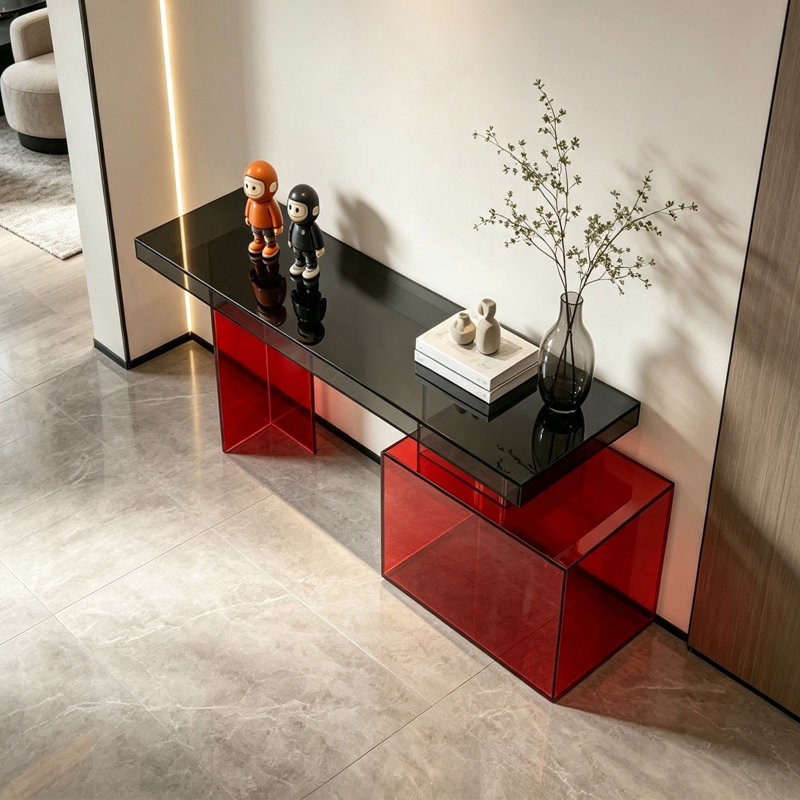 Table console multifonctionnelle en acrylique rouge., H 29,53 po x l 62,99 po x P 13,78 po