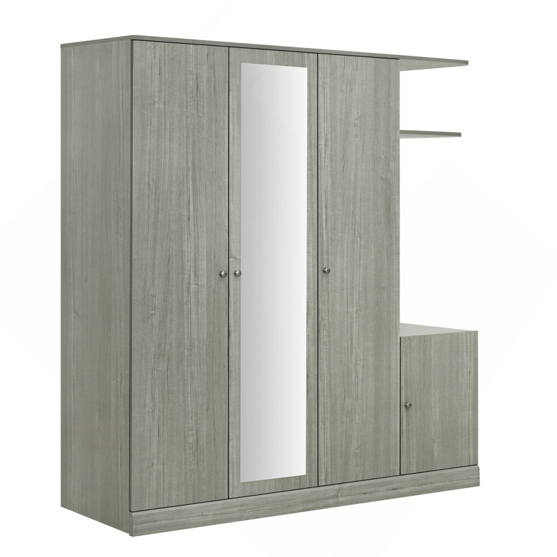 Armoire 4 portes avec tablettes, tiroirs et miroir pleine grandeur , Gris