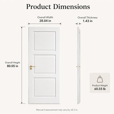 White 28.04-Inch Three-Panel Interior Slab Door, Modern Raised Panel Door for Bedroom, Closet and Bathroom