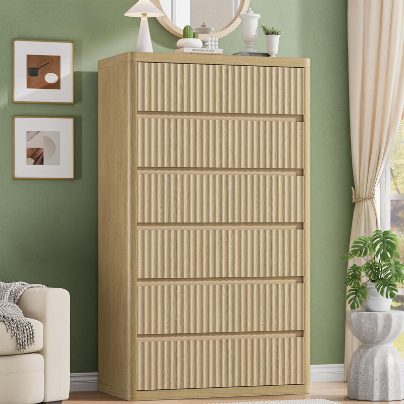 Fluted 6-Drawer Dresser, 56" Modern Curved Chest of Drawers, Natural