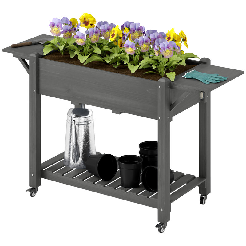 Wood Raised Planter Box, Elevated Garden Bed With Lockable Wheels, Side Tables, Bottom Shelf, Drain Holes, Gray, Gray