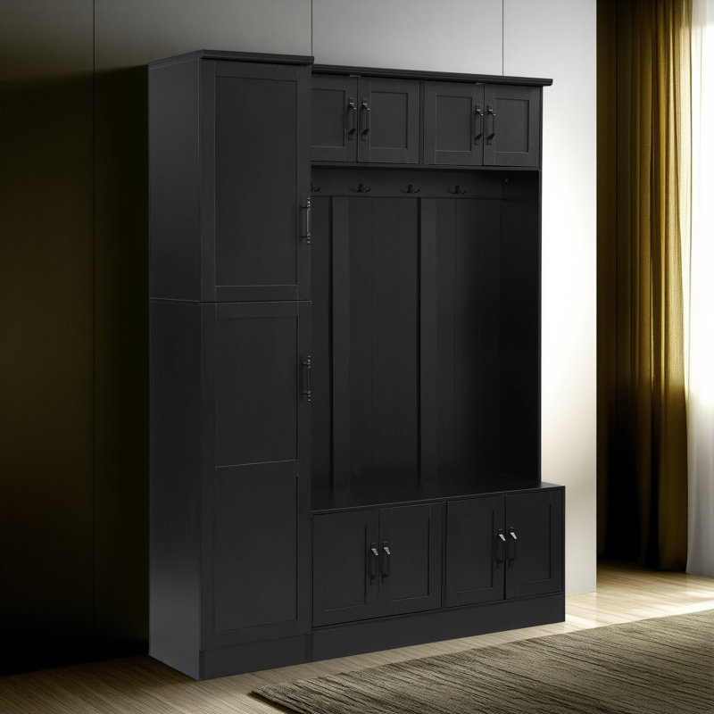 Portemanteau noir de 79 pouces pour le couloir / salon, design 4 en 1 avec banc d'entrée, armoire à chaussures + 6 armoires + 4 crochets à manteau + tablettes réglables, pratique et peu encombrant