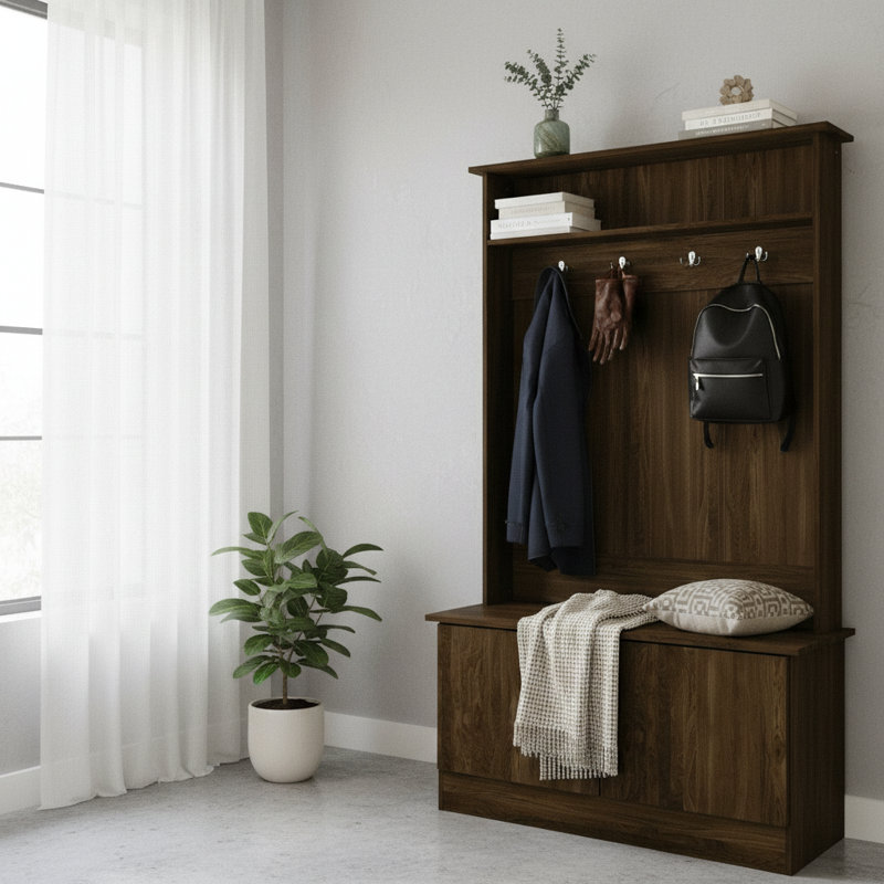 Classic Multi-Use Coat Rack With Bench, Brown, Built-In Seating & Abundant Storage, Brown