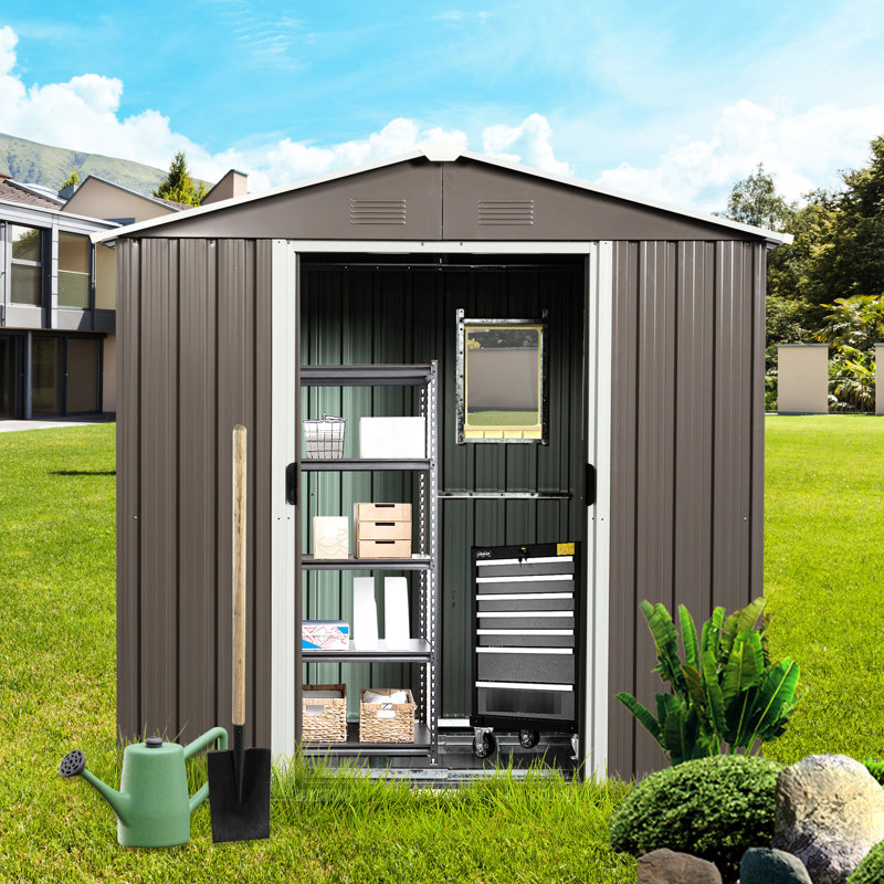 8ft X 4ft Outdoor Metal Shed With Punched Vents, Foundation & Shelf Kit Hooks Storage Galvanized Steel Padlockable Sliding Access - Gray