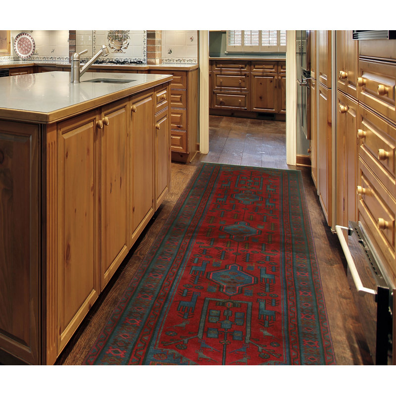One-of-a-Kind 3'2" x 10'1" 1980s Runner Wool Area Rug in Blue and Red