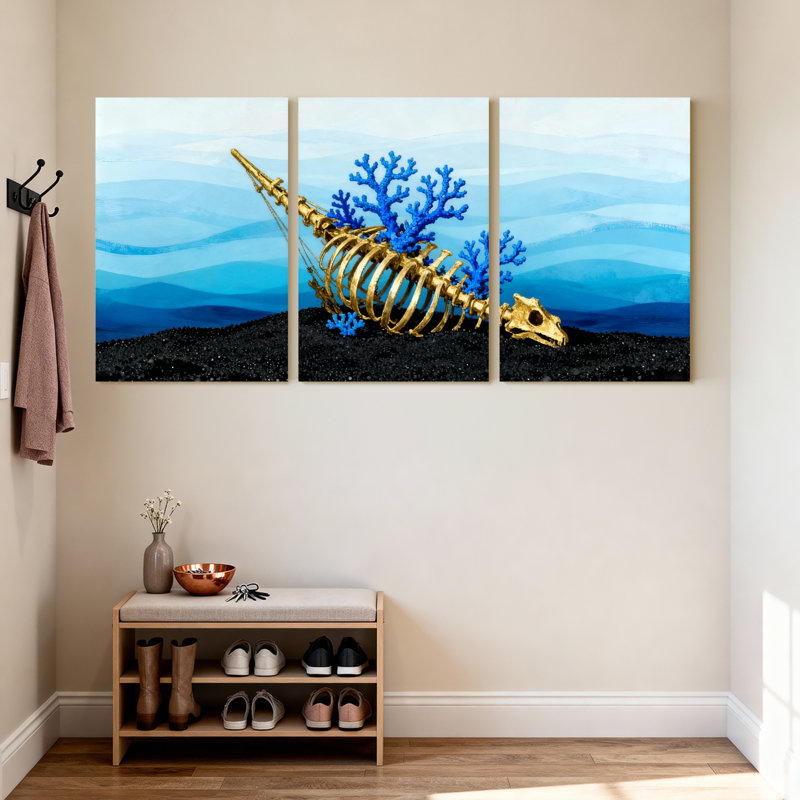 Ensemble de 3 impressions sur toile Golden Fish Skeleton, H 18 po x l 36 po