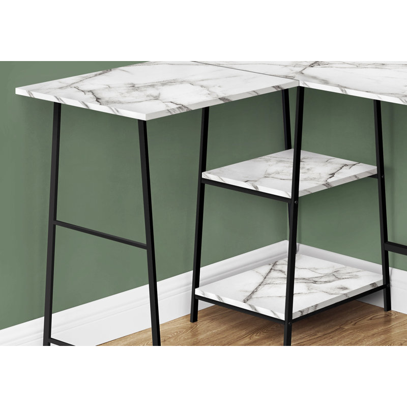 Bureau d'ordinateur, bureau personnel, coin, tablettes de rangement, L 48 po, forme en L, travail, ordinateur portable, stratifié aspect marbre, métal noir, contemporain, moderne