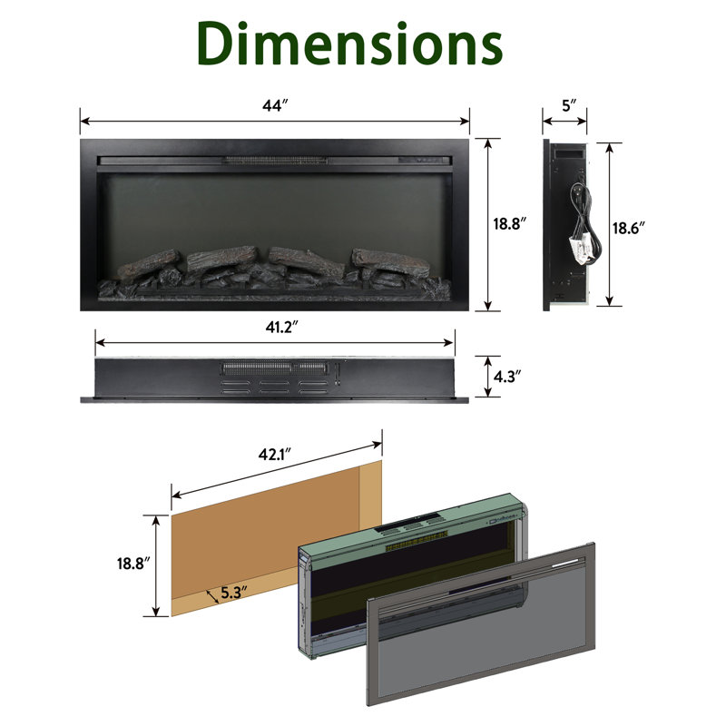 44" Recessed Electric Fireplace With Remote - Realistic Imitation Flame, LED Heater, Wall Mounted Design