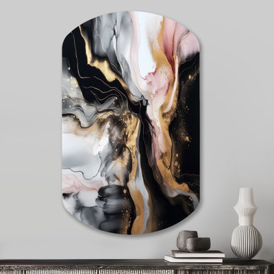 Osegueda Black Gold Marble Splash I - décoration murale asymétrique en métal marbre, impression d'art en métal cylindre noir