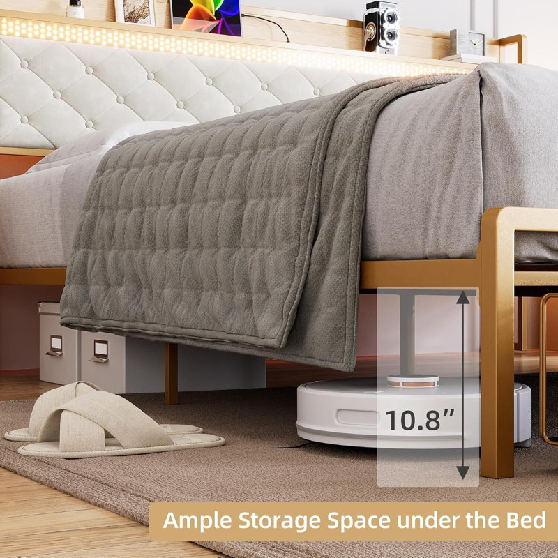 Platform Bed Frame With LED Lights, Charging Station, Storage Headboard, 2 Storage Drawers, King