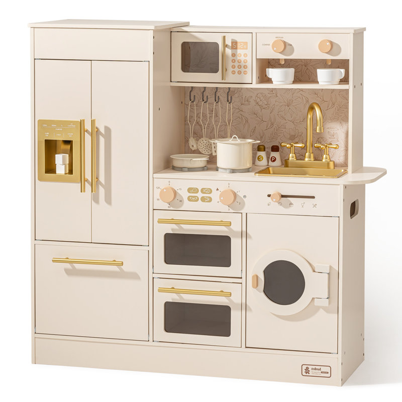 Large Preschool Kitchen Playset, Large Wooden Play Kitchen With Oven, Refrigerator, Washing Machine, Coffee Machine And Microwave