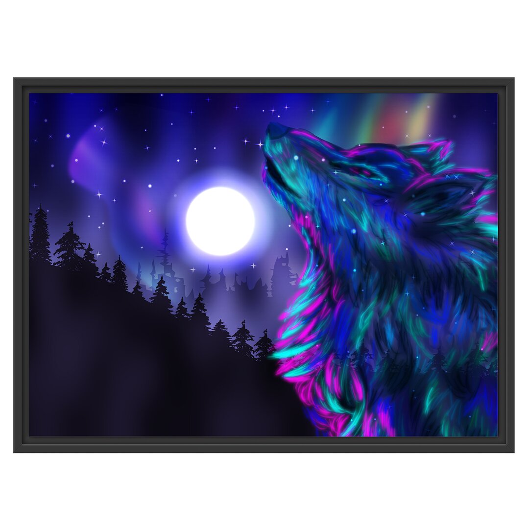 Gerahmtes Wandbild Abstrakter Wolf mit Mond