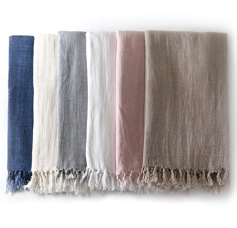 Indigo Montauk King-Size Heavy Linen Throw Blanket with Knotted Fray Edges