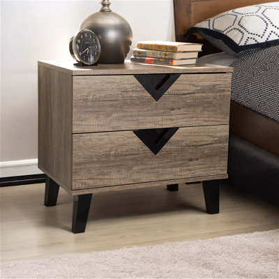 Wisteria Light Brown 2-Drawer Black Triangle Handles Nightstand, 21.45" H X 23.32" W X 15.51" D