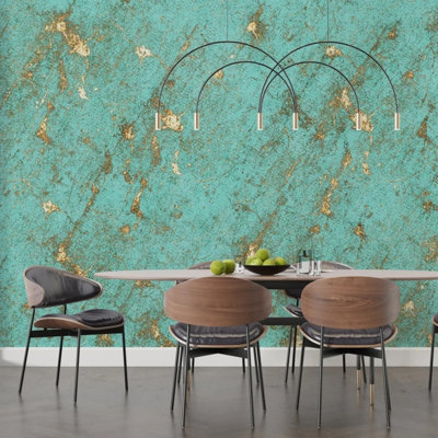 Teal and Gold Distressed Marble Effect Luxury Metallic Foil Abstract Wall Covering