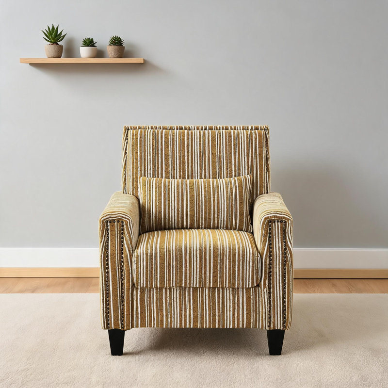 Fauteuil d'appoint moderne et confortable, siège rembourré avec garniture cloutée, tissu en polyester rayé jaune chaud, Jaune