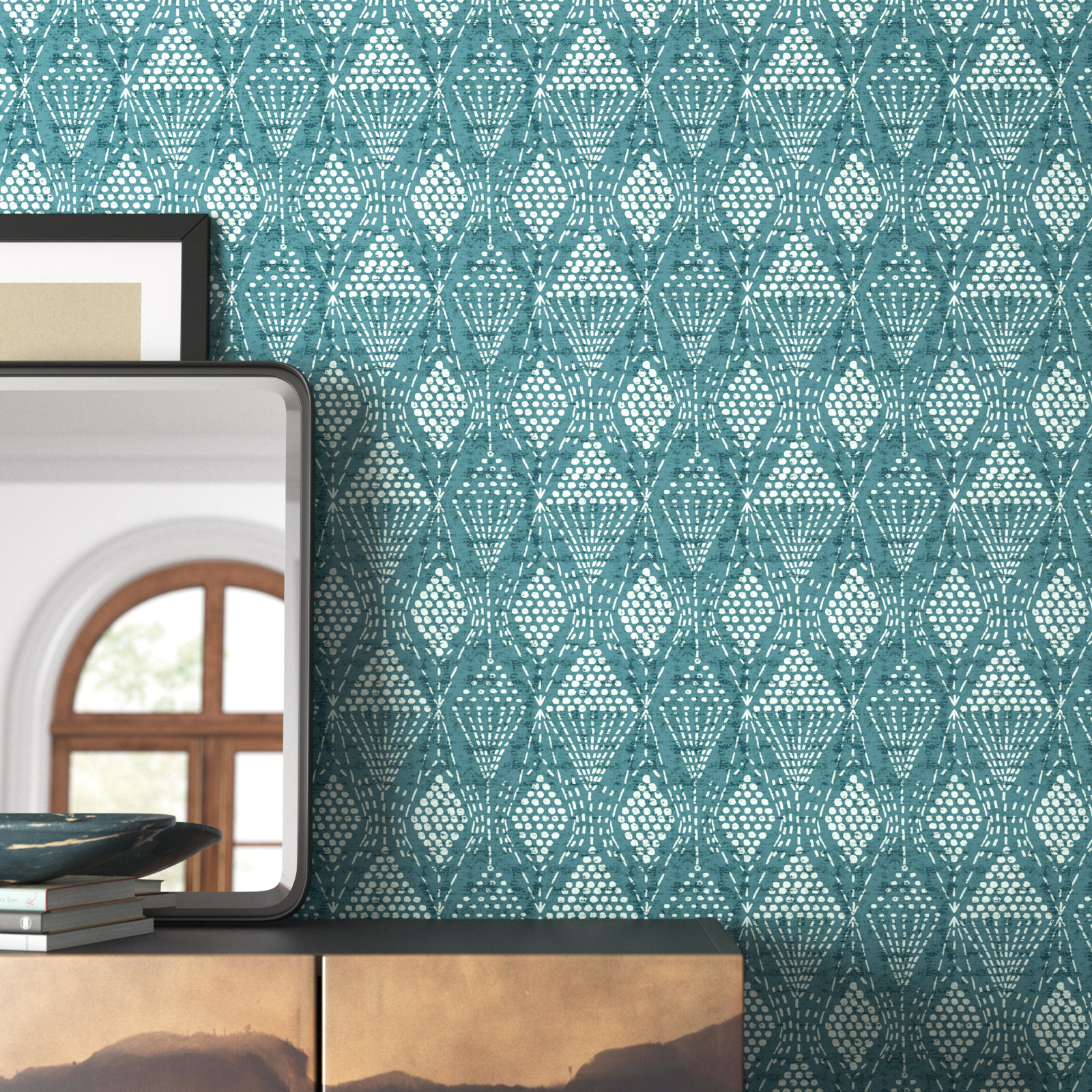 Aveta Geometric Wallpaper, Teal