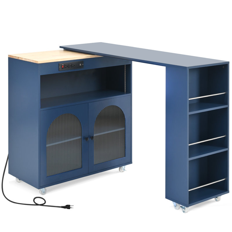 K&K Rolling Kitchen Island With Extended Table, Kitchen Island On Wheels With LED Lights,Power Outlets And 2 Fluted Glass Doors, Kitchen Island With A Storage Compartment And Side 3 Open Shelves, Navy