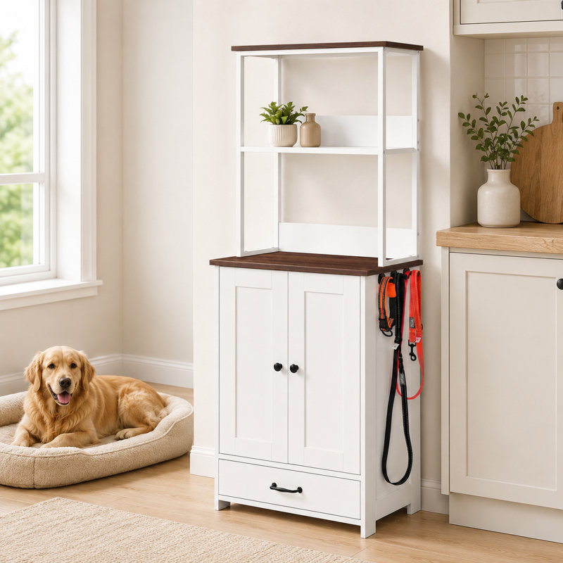 Station d'alimentation pour animaux 58,3 pouces avec bols coulissants, armoire de rangement, tablette réglable, 3 crochets pour le vestibule