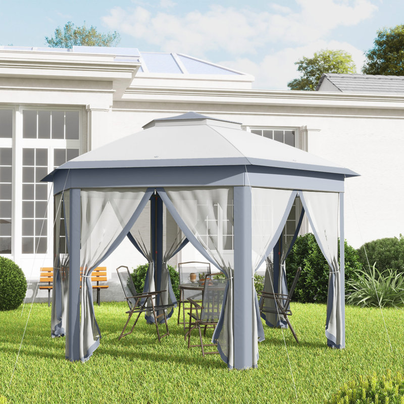 3 X 4m Hexagon Garden Gazebo, Vented Roof Outdoor Shelter With Mesh Curtains, Powder Coated Metal Frame, 6 Guy Ropes & 12 Ground Stakes, Carry Bag Included, Grey
