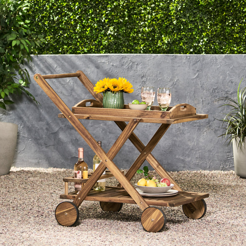 Chariot-bar avec rangement supplémentaire - 35,35 po de hauteur, bois naturel teint,
