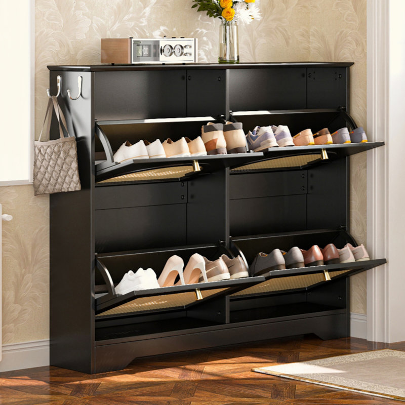 Mid-Century Narrow Design Tipping Bucket Shoe Cabinet with 4 Flip Drawers, Elegant Entryway Shoe Organizer with 4 Rattan Doors, Freestanding Shoe Rack with 2 Silvery Hooks for Hallway