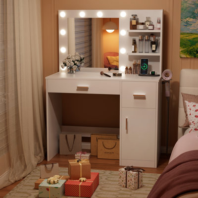 Vanity Table Set with Lights, Mirror & Storage, Makeup Vanity Desk with Power Outlet for Bedroom