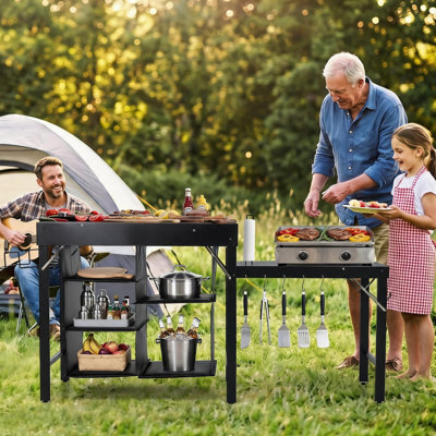 Table de gril en métal pour plaque chauffante Blackstone, support de table pliable portatif avec tablette de rangement à extension, table de cuisine de camping robuste pour la cuisine en plein air, barbecue, camping et patio