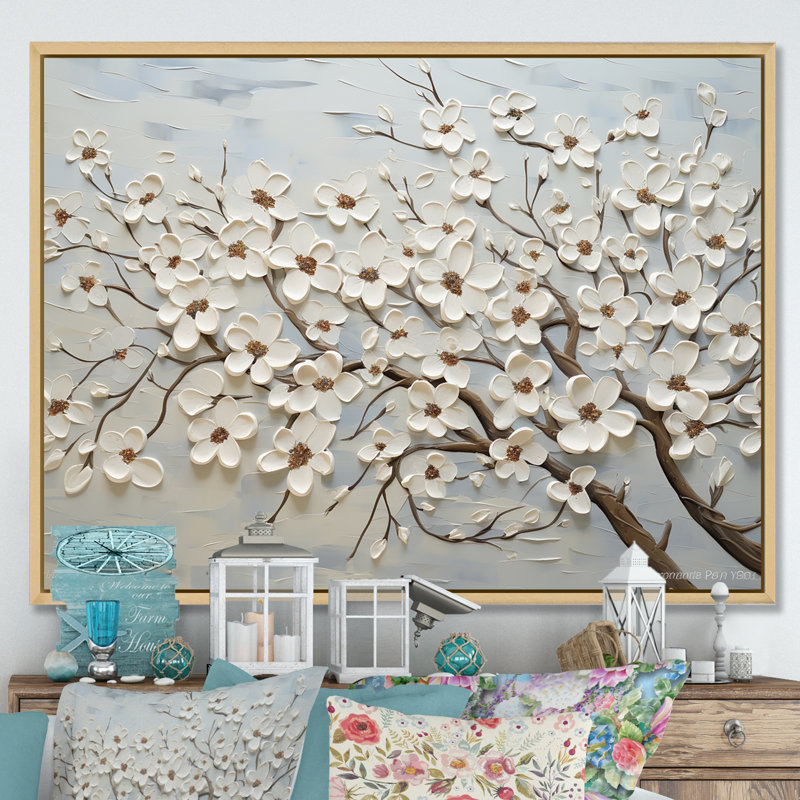 Dogwood Serenity Magical Tree I - Flower Field, reproduction d'art sur toile encadrée, Cadre naturel flottant, 34" H x 44" W