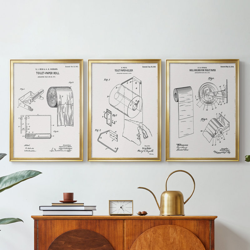 Papier hygiénique brevet I - Toile tendue avec châssis sur mesure - 3 pièces, H 21 po x l 30 po, Doré
