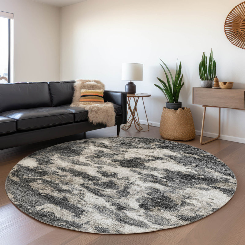 Premium Machine Washable Freixa AMF71 Black Rug, Round 8'