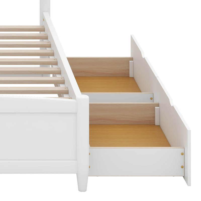 Grand lit plateforme avec 2 grands tiroirs, lit gigogne simple TG, Blanc