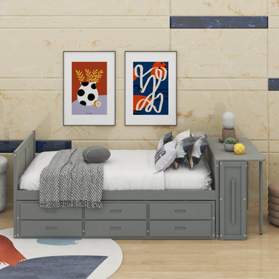 Lit plateforme simple en bois avec bureau et tablette de rangement