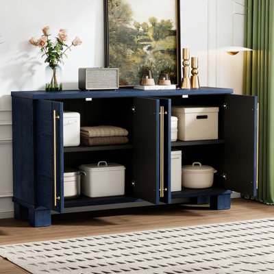 Antique Navy Wood Sideboard Buffet Cabinet With Gold Handles & Adjustable Shelves, Storage Cabinet For Kitchen, Dining Room, Living Room