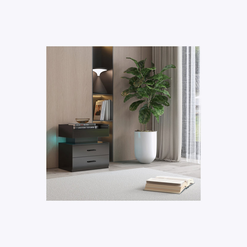 1 Set Nightstand with Adjustable LED Strip Light, 2-drawers, Large Storage Space, Suitable for Bedside Table, Coffee Table, Sofa Side Table or End Table for Study Desk
