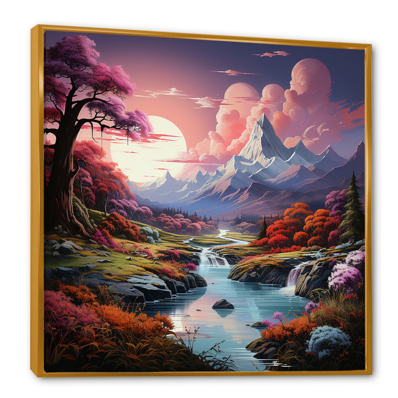 Impression sur toile Mountain Charm Moonlight Fantasy, Cadre flottant doré, H 36 po x l 36 po x P 1,5 po