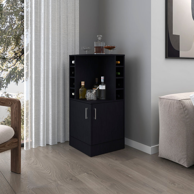 Toyei Corner Bar Cabinet with Bottle Rack, Open Shelves, and Hidden Storage, Black