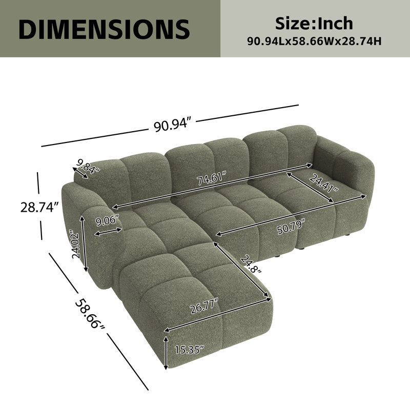 Arden L-Shaped Cloud Couch Sectional Sofa with Movable Ottoman, Olive Green