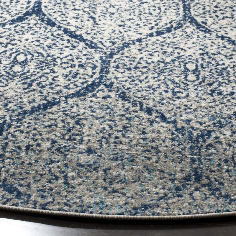 Christa Damask Navy Blue/Silver Area Rug, Round 12'