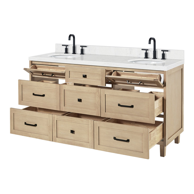 Meuble-lavabo double en bois massif ARIEL Monrow, Chêne, 66" - 67", Carrara White Quartz
