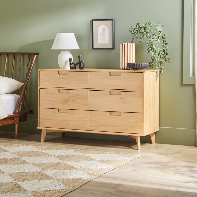 Yarber 6 Drawer Solid Wood Double Dresser, Natural Pine