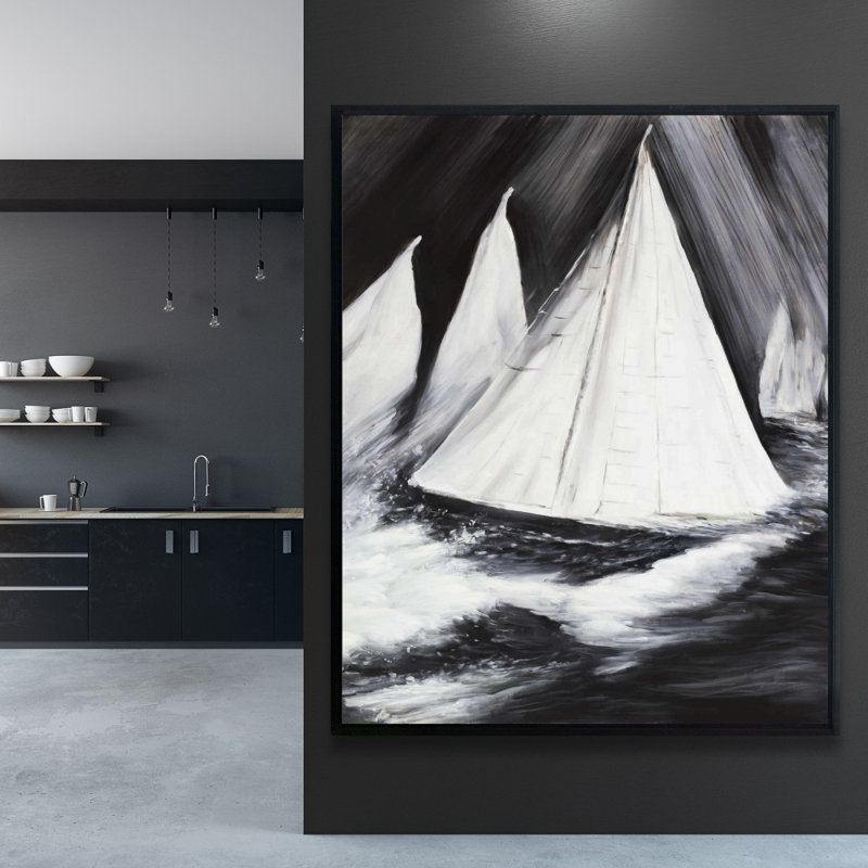 Grayscale Boats in a Storm - Contemporary White Framed Canvas