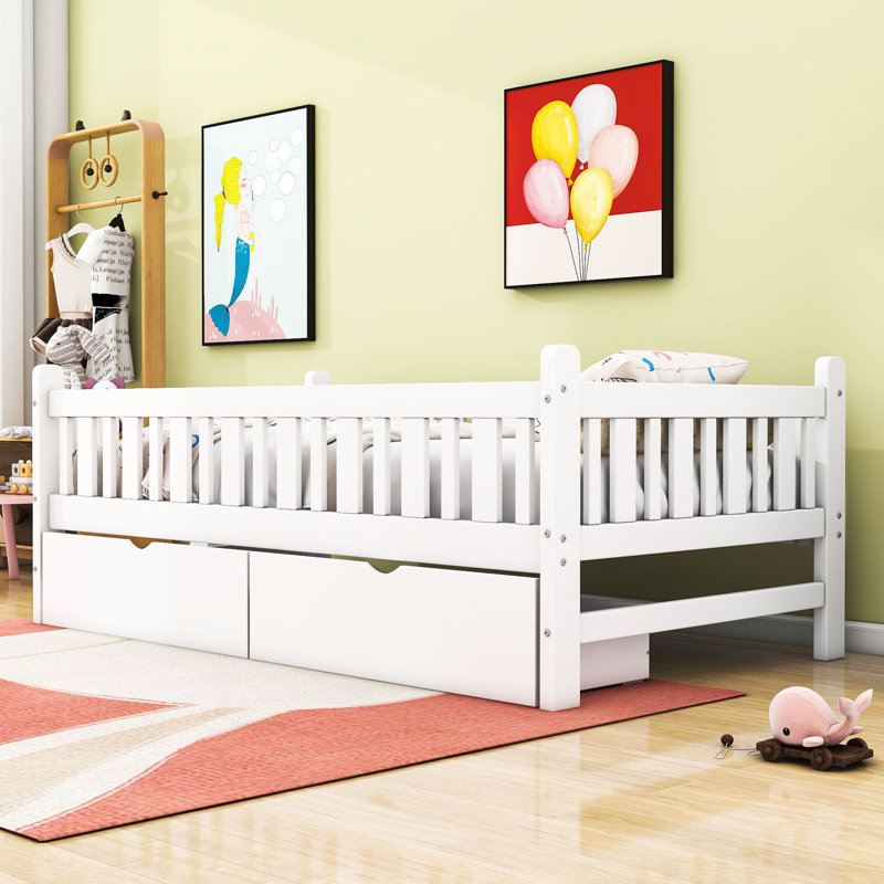 Lit plateforme simple en bois avec garde-corps et deux tiroirs, Blanc