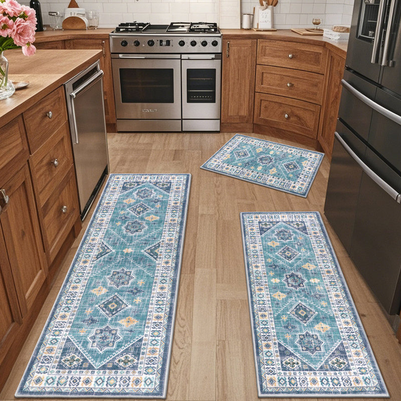 Machine Washable Non-Slip Kitchen Mat (Set of 3), Teal/Navy
