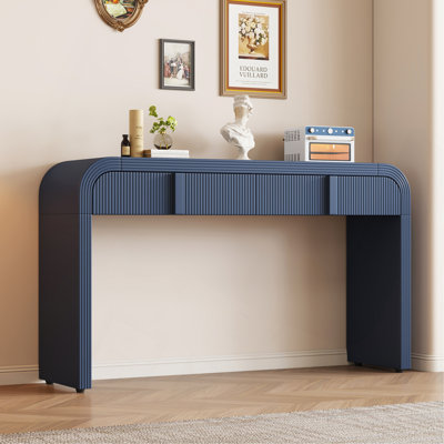 Console moderne avec 2 tiroirs de rangement, table d'entrée cannelée à silhouette arrondie pour le couloir du salon et du vestibule (bleu marine)
