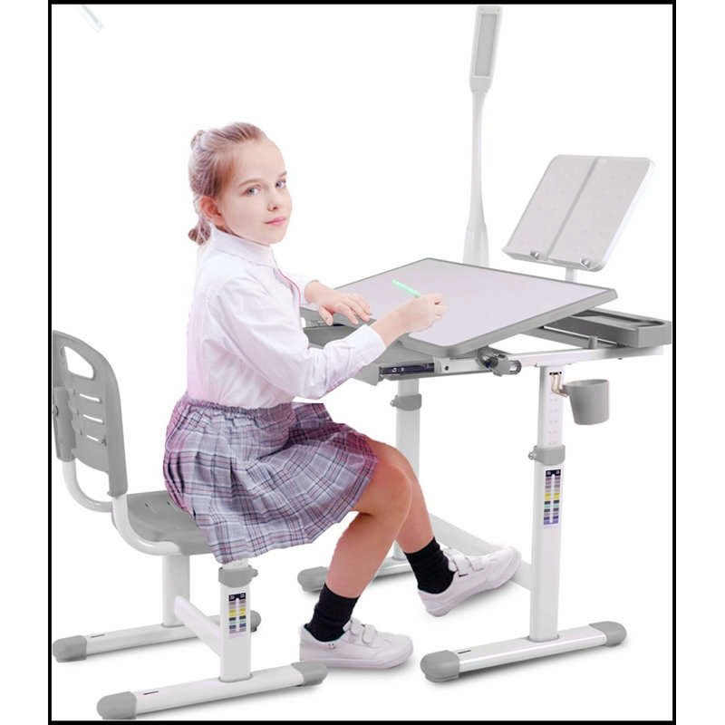 Ensemble de bureau et de chaise à hauteur réglable pour enfants avec bureau inclinable à 40 degrés, lumière DEL et bibliothèque pour l'apprentissage et la créativité