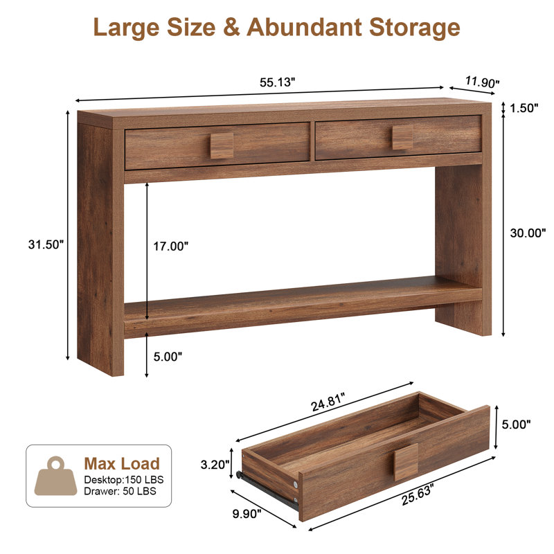 Wood Console Table With 2 Drawers, Sofa Table For Hallway, Entryway, Living Room, Brown, 31.5" H x 55.13" W x 11.9" D